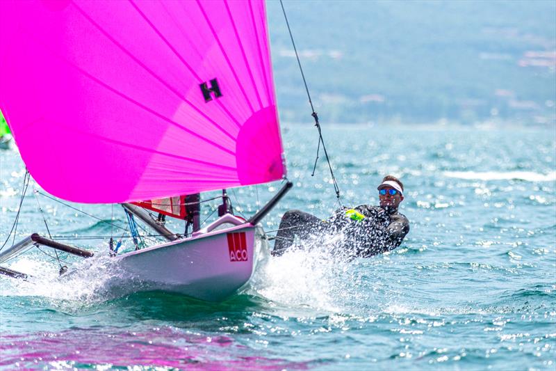Bill Maughan, GBR 637, on ACO 12th Musto Skiff Worlds at Torbole, Lake Garda Day 3 photo copyright Emilio Santinelli taken at Circolo Vela Torbole and featuring the Musto Skiff class