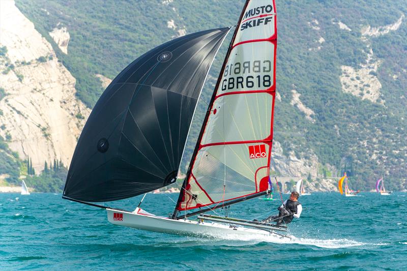 Jamie Hilton, GBR 618, on ACO 12th Musto Skiff Worlds at Torbole, Lake Garda Day 3 - photo © Emilio Santinelli