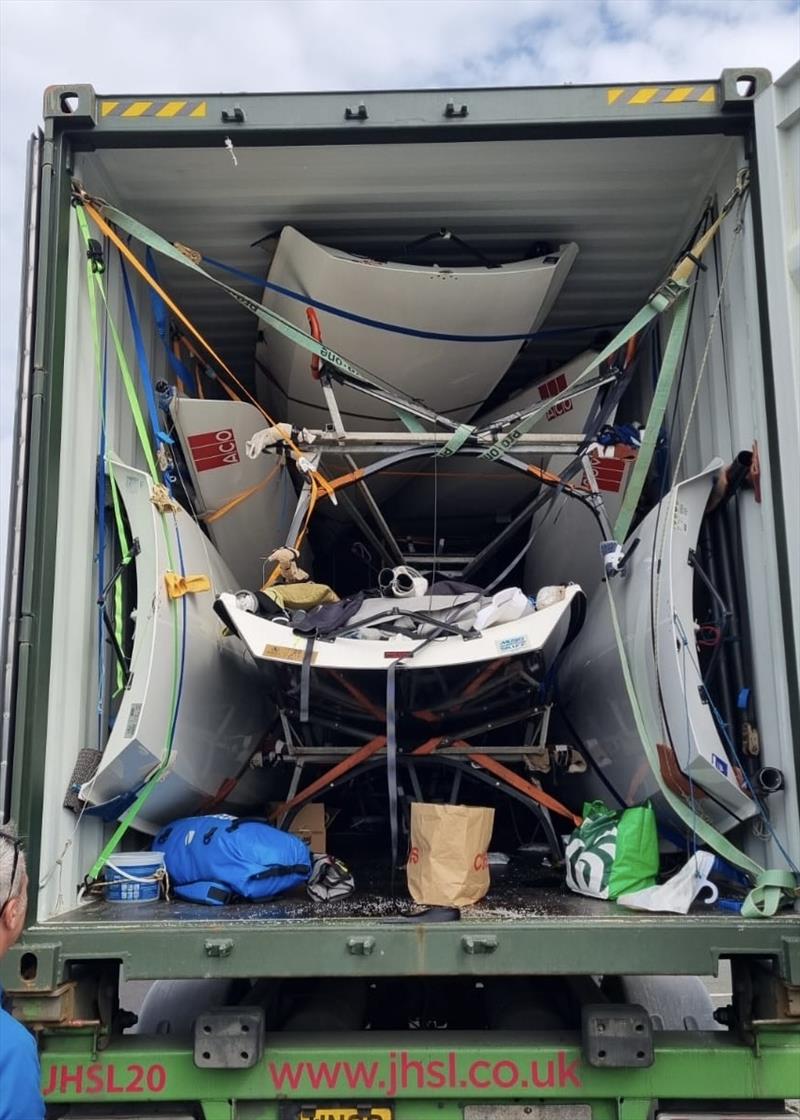 Unloading the containers from Sydney for the Musto Skiff Open at Stokes Bay photo copyright David Annan taken at Stokes Bay Sailing Club and featuring the Musto Skiff class