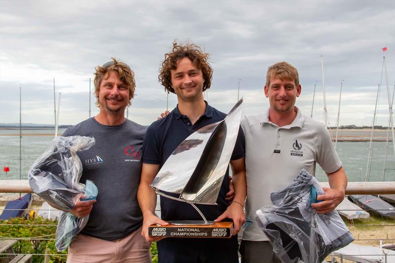 Top 3 Overall (l-r) Andy Tarboton, Eddie Bridle, Sam Barker in the 2025 Noble Marine Musto Skiff UK Nationals photo copyright Tim Olin / www.olinphoto.co.uk taken at Hayling Island Sailing Club and featuring the Musto Skiff class