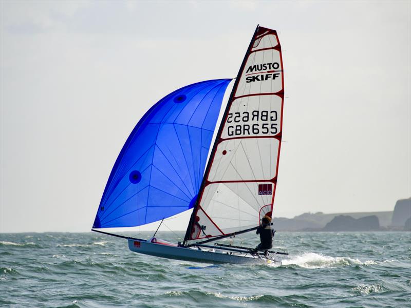 Eddie Bridle on day 2 of the Noble Marine UK Musto Skiff National Championship 2026 photo copyright George Day taken at East Lothian Yacht Club and featuring the Musto Skiff class