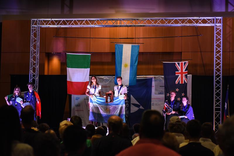 NZL's  Tom Fyfe and Greta Stewart (right) after being awarded the  Bronze medal in the  Nacra 15 class at the 2018 Youth Sailing World Championships, Corpus Chris, Texas photo copyright James Tomlinson / / World Sailing taken at  and featuring the Nacra 15 class