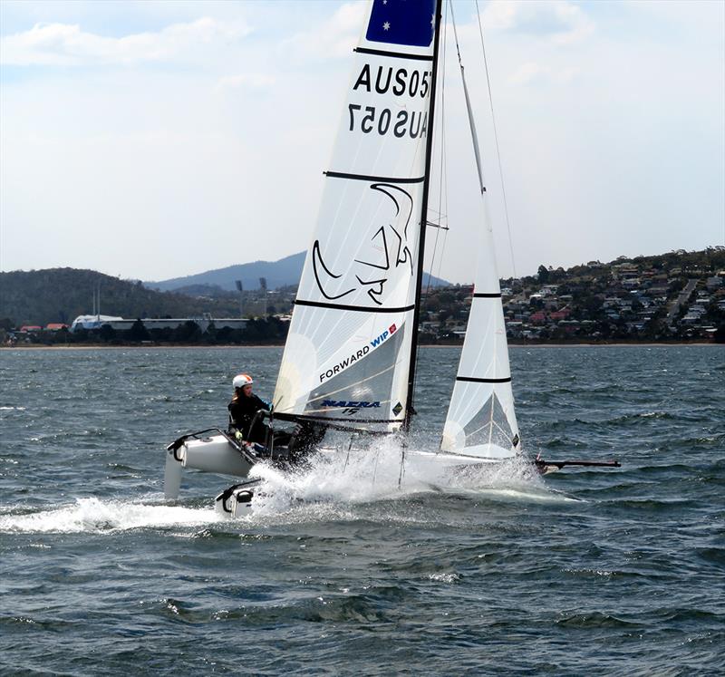 The Nacra 15 catamarans are a mixed fleet for the Australian Sailing Youth Championships 2019 photo copyright Michelle Denney taken at Royal Yacht Club of Tasmania and featuring the Nacra 15 class