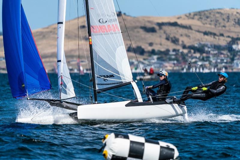 Nacra 15 team Ashleigh Swadling and Nathan Bryant (Qld) are second overall after two days - Day 2, Australian Sailing Youth Championships 2019 - photo © Beau Outteridge