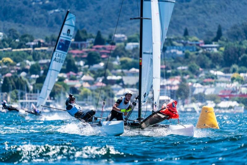 Leading Nacra 15 crew, Georgia Payne and Kai Colman - Day 3, Australian Sailing Youth Championships 2019 - photo © Beau Outteridge