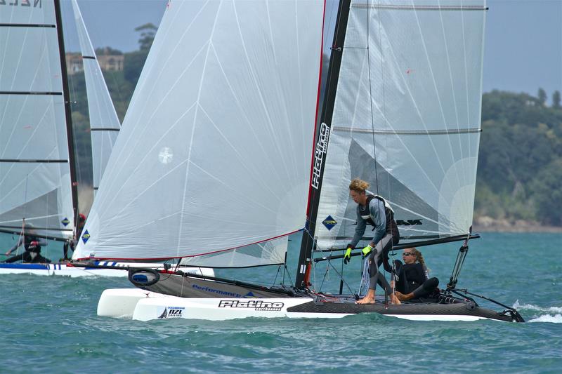 Helena Sanderson and Jack Honey on their way to winning the Nacra 15 class at the 2019 Oceanbridge NZL Sailing Regatta - photo © Richard Gladwell