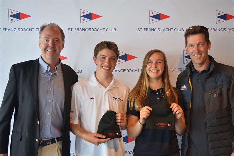 (L-R) StFYC's Rear Commodore William H. Dana, Jack Sutter, Charlotte Versavel, US Sailing's Chief of Olympic Sailing Malcolm Page - 2019 Nacra 15 Youth World Qualifier photo copyright St. Francis Yacht Club taken at St. Francis Yacht Club and featuring the Nacra 15 class