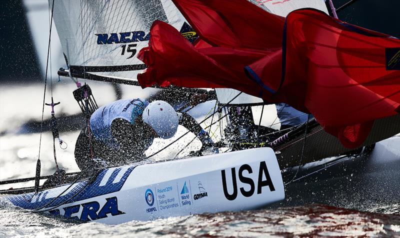 Jack Sutter and Charlotte Versavel (USA) on day 1 of the Hempel Youth Sailing World Championships photo copyright Robert Hajduk / World Sailing taken at  and featuring the Nacra 15 class