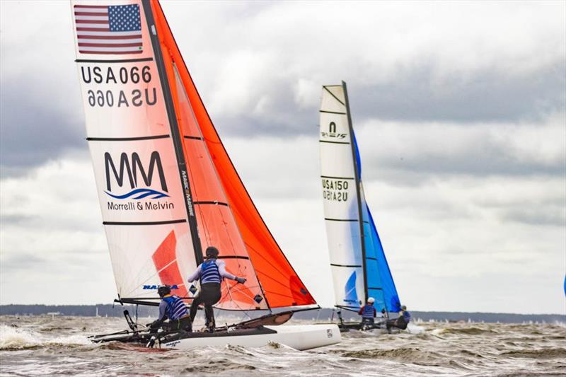 Sean Mahoney & Declan Donovan (St. Francis / Richmond Yacht Club) chase Tanner DeMarzo & Luke King (Sarasota Youth Sailing) in the Nacra 15 - 2021 U.S. Youth Sailing Championships - Day 2 photo copyright Matt Flanagan McCotter taken at  and featuring the Nacra 15 class