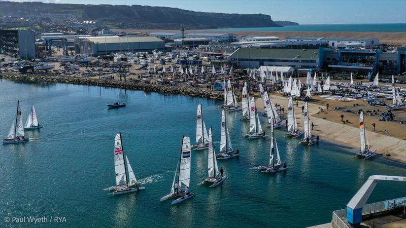 Nacra 15 fleet launching at WPNSA during the 2024 RYA Youth Nationals photo copyright Paul Wyeth / RYA taken at Weymouth & Portland Sailing Academy and featuring the Nacra 15 class