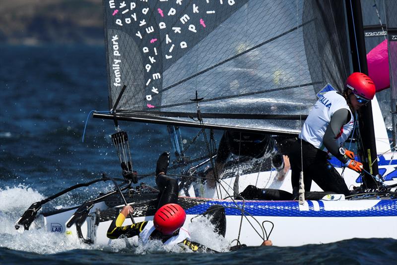Geiger and Gasparini (ITA) on day 2 - Nacra 15 World Championship at Plymouth photo copyright Joe Woodyear / www.chambersfilmandmedia.com taken at Hooe Point Sailing Club and featuring the Nacra 15 class