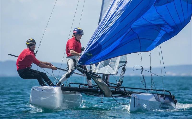 John Gimson and Anna Burnett (GBR) lead the Nacra 17 Worlds after day 1 photo copyright YCGM taken at Yacht Club de la Grande Motte and featuring the Nacra 17 class