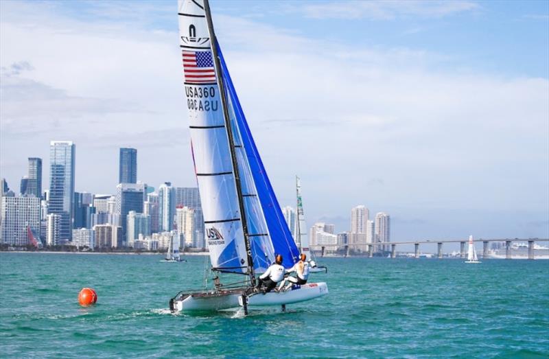 Bora Gulari (Detroit, Mich.) and Helena Scutt (Kirkland, Wash.) – World Cup Series Miami photo copyright Jesus Renedo / Sailing Energy / World Sailing taken at  and featuring the Nacra 17 class