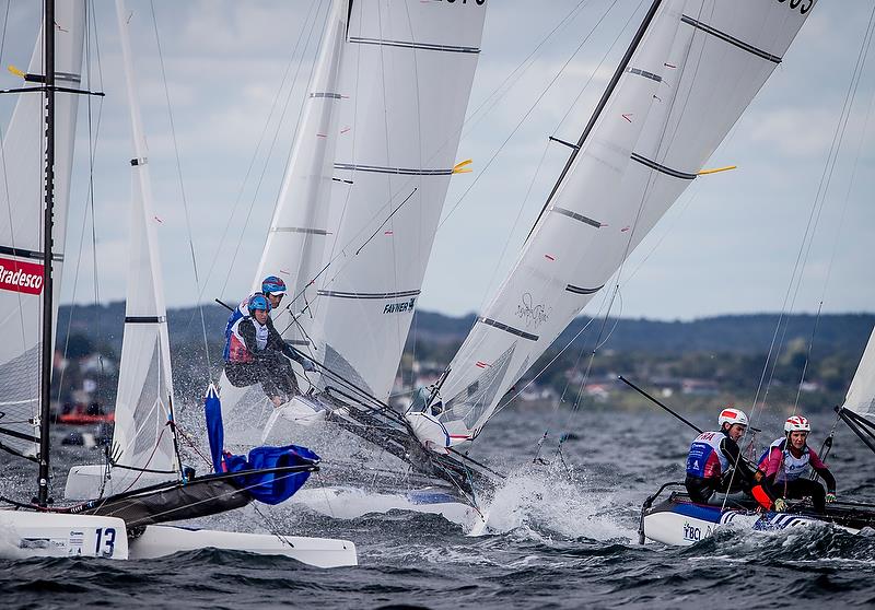 Mark rounding - Nacra 17 - Day 4 - Hempel Sailing World Championships 2018, Aarhus, Denmark photo copyright Sailing Energy / World Sailing taken at  and featuring the Nacra 17 class