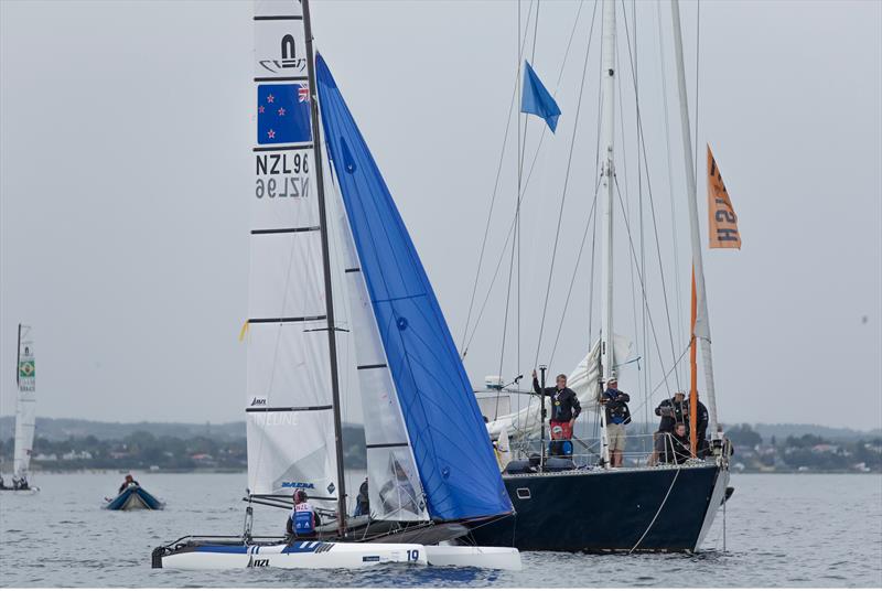 OIlivia Mackay and Micah Wilkinson (NZL) drifts across the finish line - Hempel Sailing World Championships 2018 - Day 5 in Aarhus - photo © Sailing Energy / World Sailing