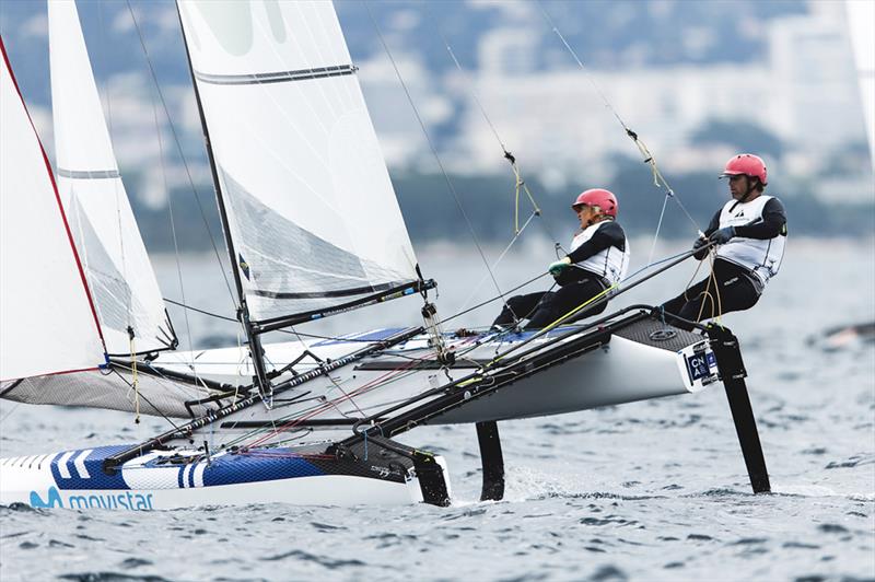 Iker Martinez on the helm of his Nacra 17 at the Sailing World Cup Marseille earlier in 2018. The elongated pin is claimed to allow the daggerboard to be racked to a position where it offers less drag photo copyright Sailing Energy / World Sailing taken at  and featuring the Nacra 17 class