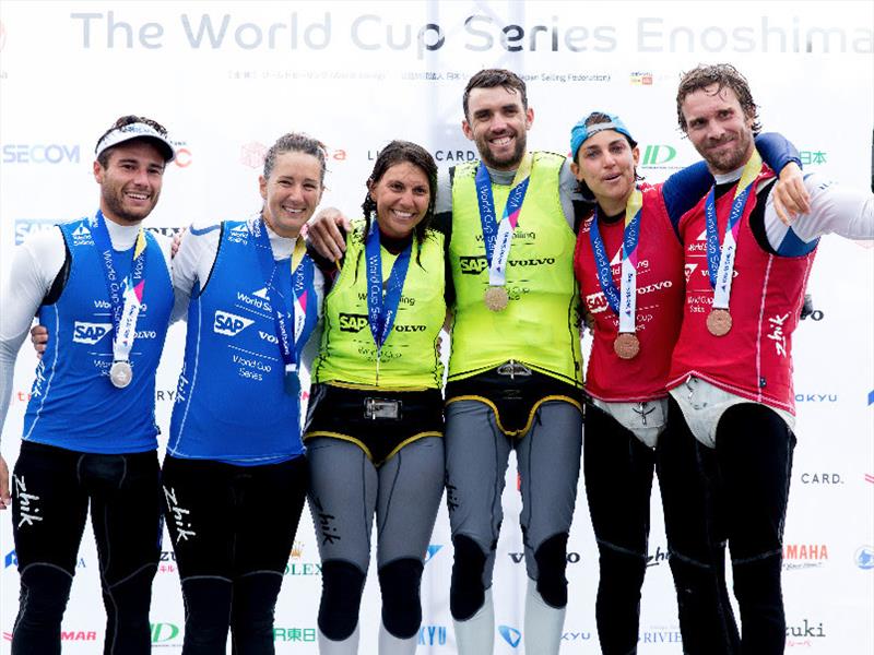 Nacra 17 podium at the Sailing World Cup, Enoshima photo copyright Jesus Renedo / Sailing Energy / World Sailing taken at  and featuring the Nacra 17 class