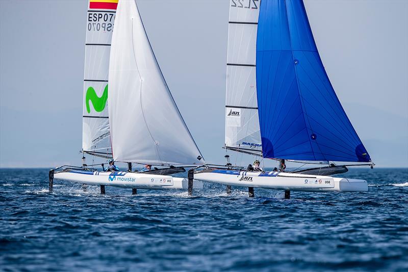 Nacra 17 - NZL- Day 6 - Hempel Sailing World Cup - Genoa - April 2019 photo copyright Jesus Renedo / Sailing Energy taken at Yacht Club Italiano and featuring the Nacra 17 class