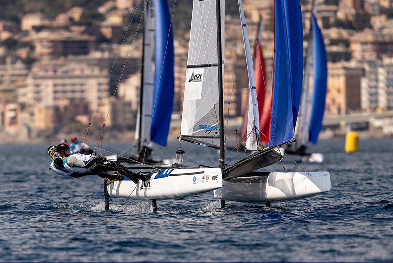 Nacra 17 - NZL- Day 6 - Hempel Sailing World Cup - Genoa - April 2019 photo copyright Sailing Energy taken at Yacht Club Italiano and featuring the Nacra 17 class