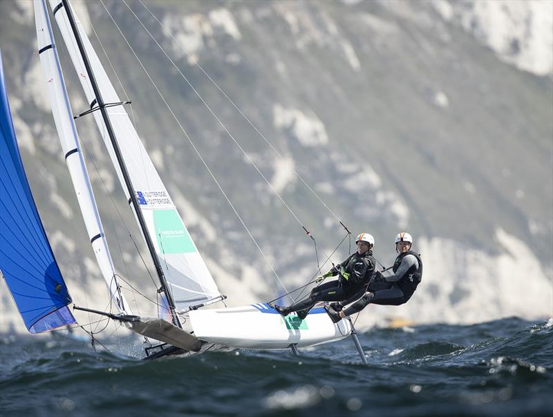 Nathan and Haylee Outteridge on the wire - 2019 Nacra 17, 49er and 49er FX European Championship photo copyright Drew Malcolm taken at Weymouth & Portland Sailing Academy and featuring the Nacra 17 class