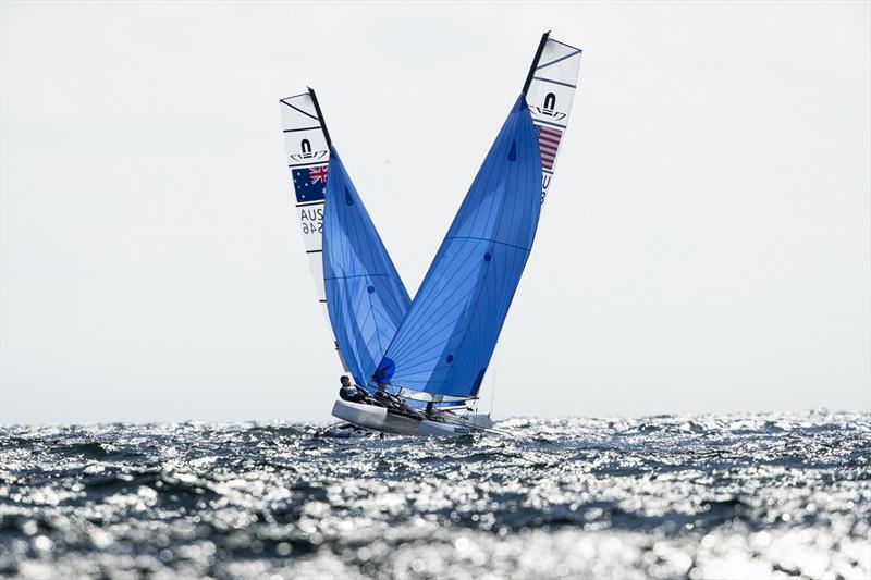 Nathan and Haylee Outteridge at close quarters with a USA entry - 2019 49er, 49erFX and Nacra 17 European Championships - photo © Drew Malcolm