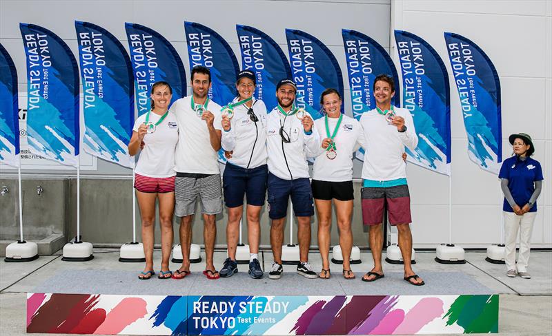 John Gimson & Anna Burnet (Silver), Ben Saxton & Nikki Boniface (Bronze) at Ready Steady Tokyo photo copyright Sailing Energy / World Sailing taken at  and featuring the Nacra 17 class