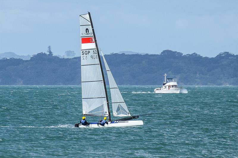Singapore Nacra 17 training on the Waitemata Harbour ahead of the 2019 World Championships. The 49er, 49erFX and Nacra 17 World Championships get underway in four weeks photo copyright Richard Gladwell taken at Takapuna Boating Club and featuring the Nacra 17 class