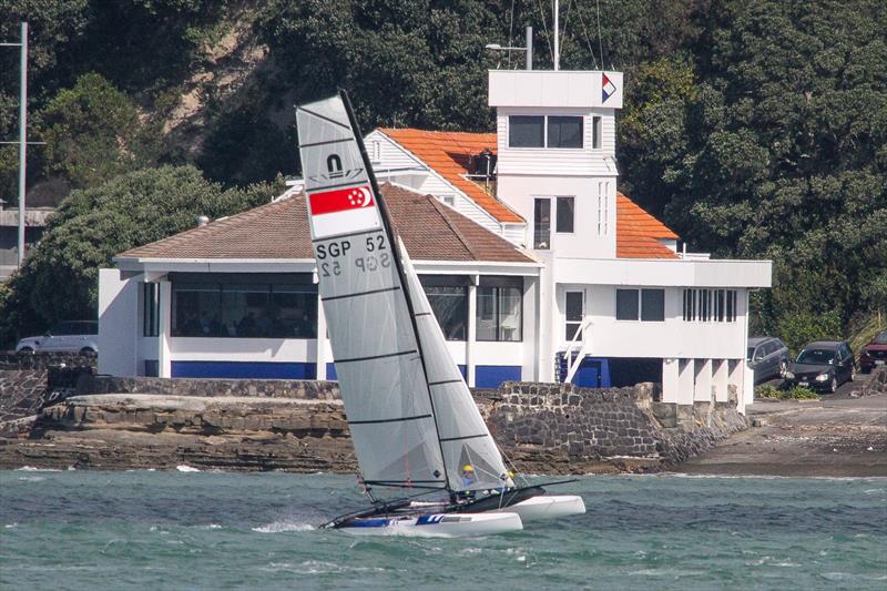 Nacra 17 sailing past the Tamaki Yacht Club on the Waitemata Harbour ahead of the 2019 World Championships. The 49er, 49erFX and Nacra 17 World Championships get underway in four weeks photo copyright Richard Gladwell taken at Takapuna Boating Club and featuring the Nacra 17 class