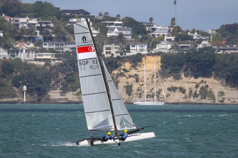 Singapore Nacra 17 training on the Waitemata Harbour ahead of the 2019 World Championships. The 49er, 49erFX and Nacra 17 World Championships get underway in four weeks. - photo © Richard Gladwell