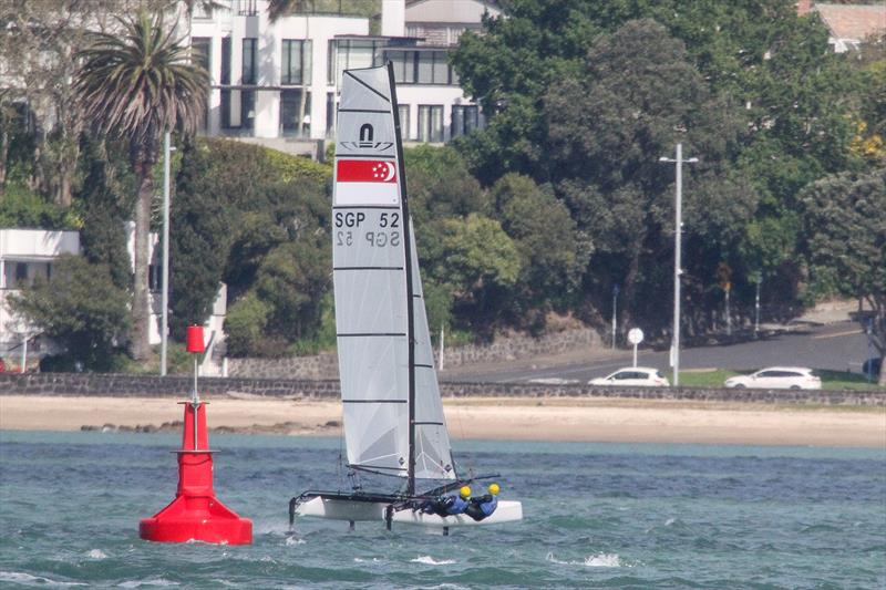 Singapore Nacra 17 gets foiling on the Waitemata Harbour ahead of the 2019 World Championships. The 49er, 49erFX and Nacra 17 World Championships get underway in four weeks photo copyright Richard Gladwell taken at Takapuna Boating Club and featuring the Nacra 17 class