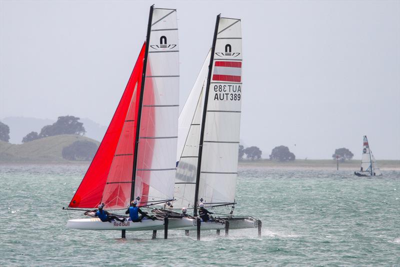 Seeing double - two Nacra 17's head for an informal coaches race, against the backdrop of Browns island - Hyundai Worlds, November 20, 2019 photo copyright Richard Gladwell / Sail-World.com taken at Royal Akarana Yacht Club and featuring the Nacra 17 class