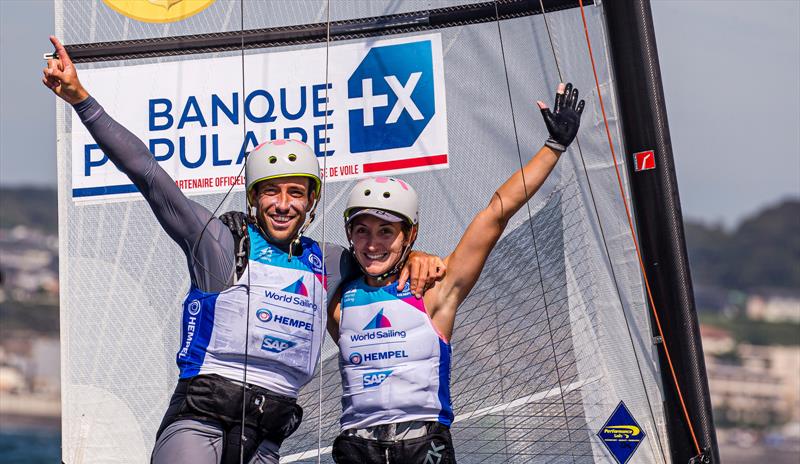 Enoshima Gold medallists Quentin Delapierre and his crew Manon Audinet (FRA) Enoshima ,celebrates after Round 1 of the 2020 World Cup Series photo copyright Jesus Renedo / Sailing Energy taken at Royal Akarana Yacht Club and featuring the Nacra 17 class