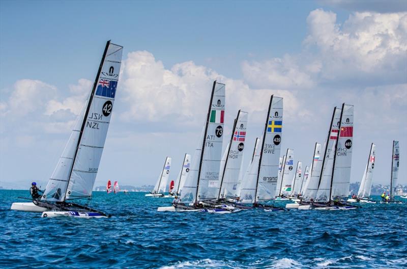 Nacra 17 fleet on Day 3 - 2019 Hyundai 49er, 49erFX and Nacra 17 World Championships - photo © Jesus Renedo / Sailing Energy