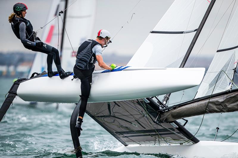 Clearing seaweed - Helena Sanderson and Henry Haslett - Nacra 17 - Day 1 - 2020 World Championships - Royal Geelong Yacht Club - February 2020 photo copyright Jesus Renedo / Sailing Energy / World Sailing taken at Royal Geelong Yacht Club and featuring the Nacra 17 class