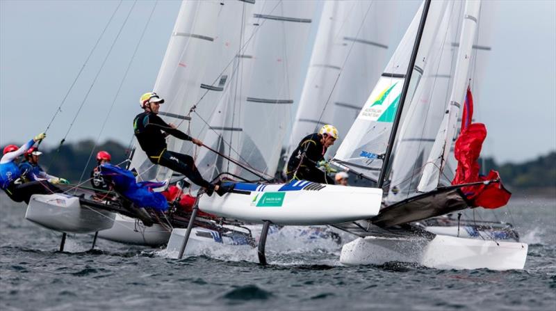 Jason Waterhouse and Lisa Darmanin (AUS) are closing in on their teammates, now third overall - 2020 49er, 49er FX & Nacra 17 World Championship, day 4 photo copyright Pedro Martinez / Sailing Energy taken at Royal Geelong Yacht Club and featuring the Nacra 17 class