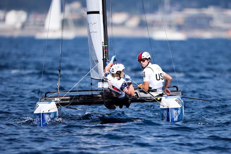 Riley Gibbs and Anna Weis (USA) on day 7 of the Tokyo 2020 Olympic Sailing Competition photo copyright Sailing Energy / World Sailing taken at  and featuring the Nacra 17 class