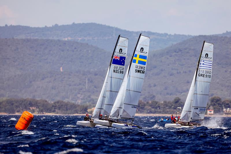 Micah Wilkinson and Erica Dawson (NZL) - NZL Sailing Team - Day 1 - 53rd Semaine Olympique Francais, Hyeres - April 2022 photo copyright Sailing Energy / World Sailing taken at  and featuring the Nacra 17 class