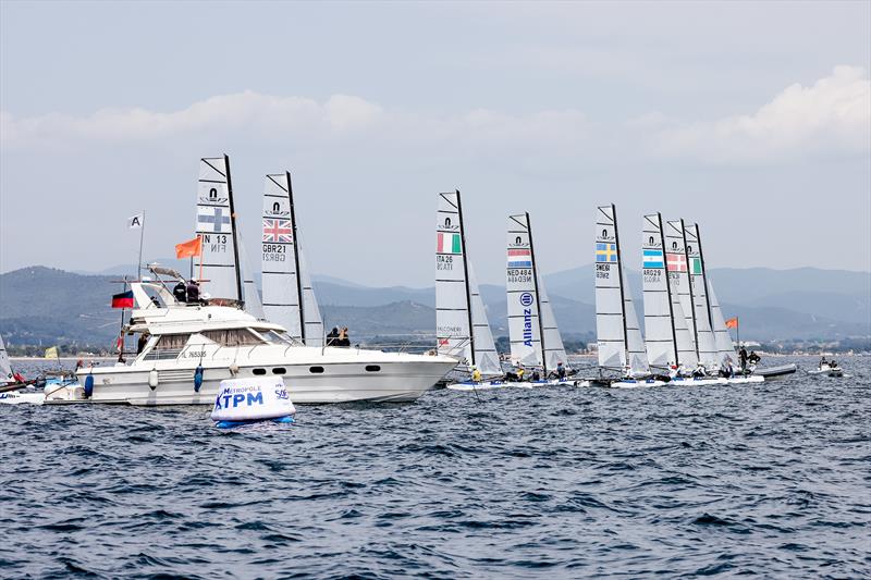 Medal Race start - Nacra 17 - Day 6 - NZL Sailing Team - Semaine Olympique Française de Hyères - April 2022 photo copyright Sailing Energy / FFVOILE taken at  and featuring the Nacra 17 class