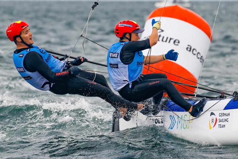 Home game for Paul Kohlhoff and Alica Stuhlemmer on the flying Nacra 17 photo copyright Christian Beeck / Kieler Woche taken at Kieler Yacht Club and featuring the Nacra 17 class