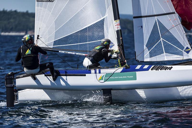 Jason Waterhouse & Lisa Darmanin (Nacra 17) competing at 49er, 49erFX & Nacra 17 World Championships in Hubbards, NS, Canada photo copyright Beau Outteridge taken at Hubbards Sailing Club and featuring the Nacra 17 class
