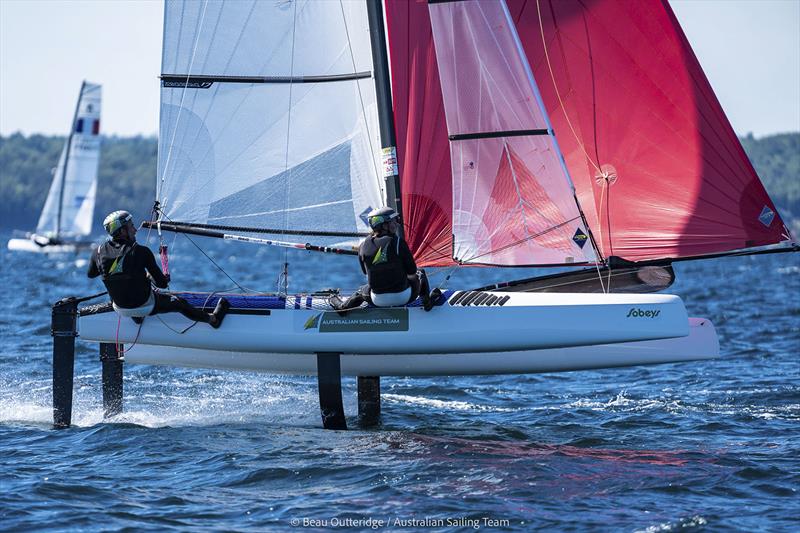 Jason Waterhouse & Lisa Darmanin (Nacra 17) competing at 49er, 49erFX & Nacra 17 World Championships in Hubbards, NS, Canada photo copyright Beau Outteridge taken at Hubbards Sailing Club and featuring the Nacra 17 class