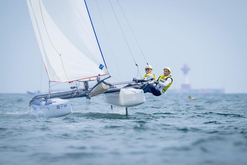 Remaining in the yellow jersey : Italian's Nacra 17 leaders Porro/Dezulian - 2023 Kiel Week, day 3 photo copyright Sascha Klahn / Kieler Woche taken at Kieler Yacht Club and featuring the Nacra 17 class