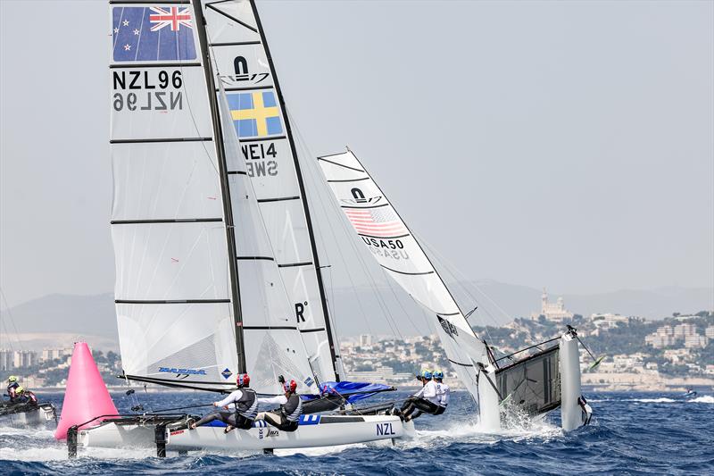 Micah Wilkinson/Erica Dawson (NZL) - Nacra 17 - Paris 2024 Olympic Sailing Test Event, Marseille, France - Day 3  - July 11, 2023 photo copyright Sander van der Borch / World Sailing taken at  and featuring the Nacra 17 class