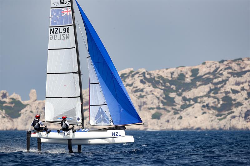 Micah Wilkinson/Erica Dawson (NZL) - Nacra 17 - Paris 2024 Olympic Sailing Test Event, Marseille, France - Day 3  - July 11, 2023 - photo © Sander van der Borch / World Sailing