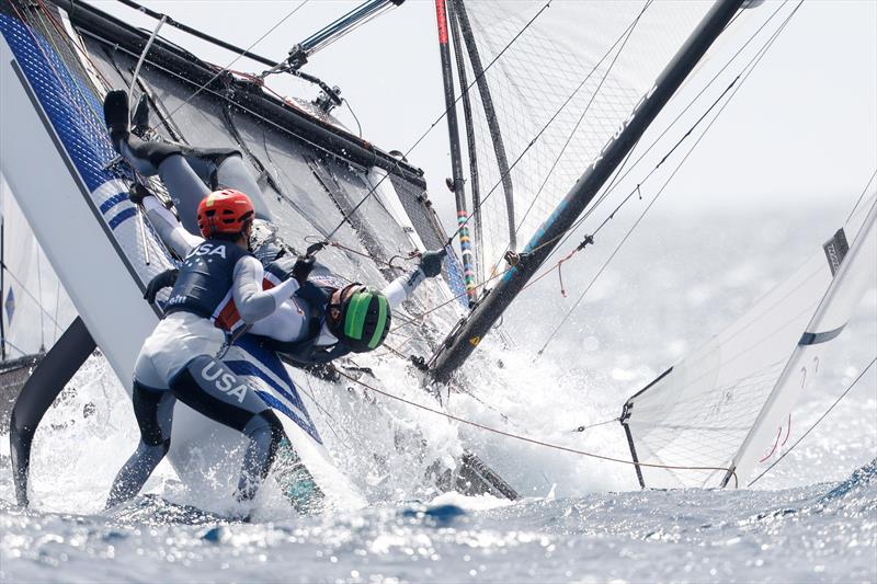  USA  in a bit of strife - Nacra 17 - Paris 2024 Olympic Sailing Test Event, Marseille, France - Day 3  - July 11, 2023 - photo © Mark Lloyd / World Sailing