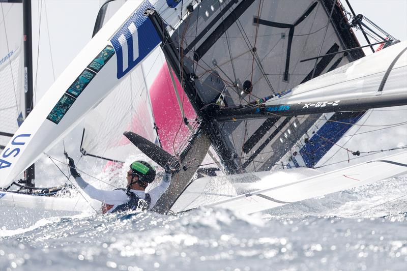  USA  in a bit of strife - Nacra 17 - Paris 2024 Olympic Sailing Test Event, Marseille, France - Day 3  - July 11, 2023 photo copyright Mark Lloyd / World Sailing taken at  and featuring the Nacra 17 class