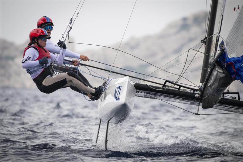 Micah Wilkinson/Erica Dawson (NZL) - Nacra 17- Paris 2024 Olympic Sailing Test Event, Marseille, France - Day 4 - July 12, 2023 - photo © Vincent Curutchet / World Sailing