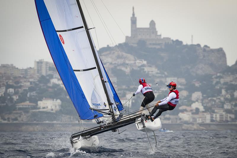 Micah Wilkinson/Erica Dawson (NZL) - Nacra 17- Paris 2024 Olympic Sailing Test Event, Marseille, France - Day 4 - July 12, 2023 - photo © Vincent Curutchet / World Sailing