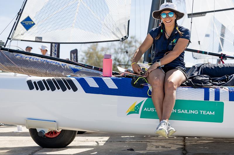 Lisa Darmanin ashore on board the Nacra 17 Foiling Catamaran - photo © Sander van der Borch / World Sailing