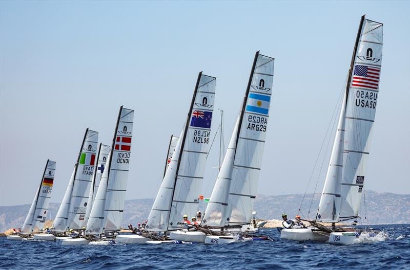 Micah Wilkinson/Erica Dawson (NZ) - Nacra 17 -  Paris 2024 Olympic Sailing Test Event, Marseille, France - Day 8 - July 16, 2023 photo copyright Mark Lloyd / World Sailing taken at  and featuring the Nacra 17 class